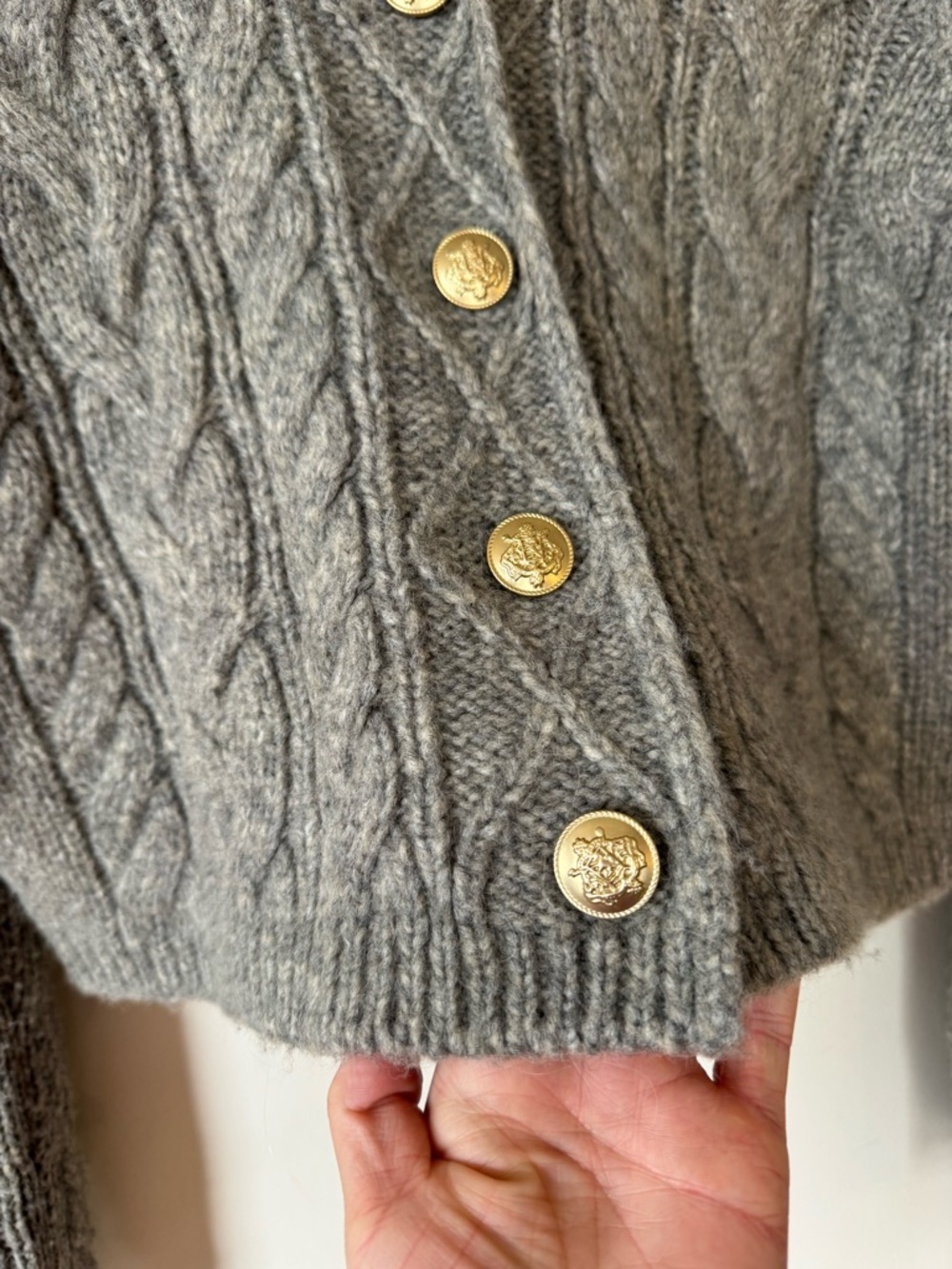 J. Crew Gray Cable-knit turtleneck cardigan Sweater Wool Cropped Gold Buttons S - Picture 6 of 9